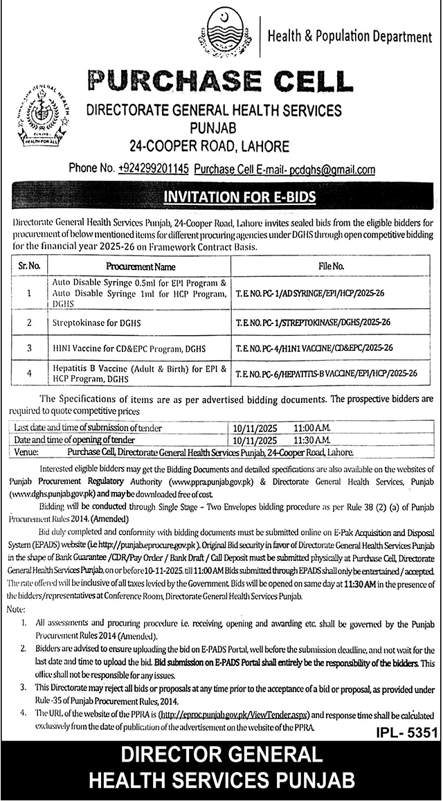 Health Services Department Lahore Tender Notice